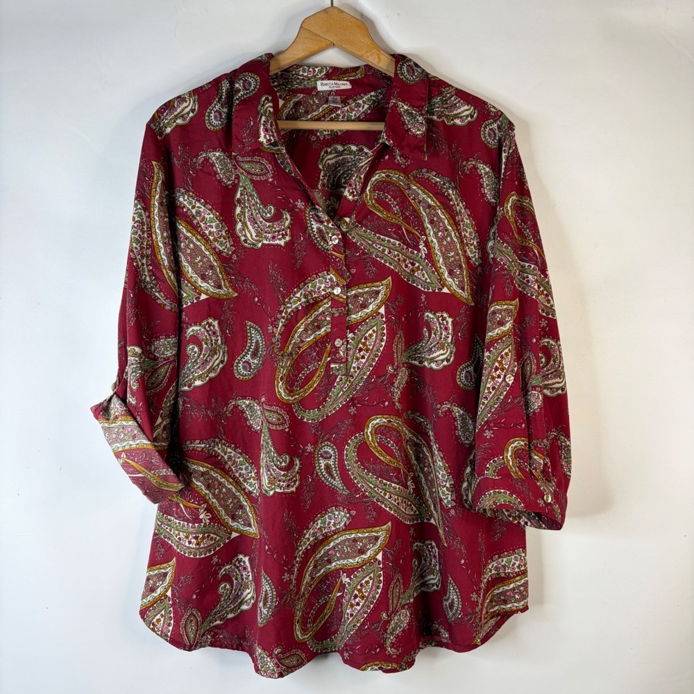 Rebecca Malone Blouse Women 3X Burgundy Paisley Roll-Tab Sleeve Boho Top